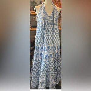 NWT Calypso St. Barth Daria Blue & White Floral Block Print Tiered Maxi Dress